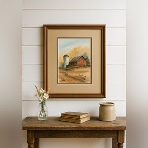 Vintage Framed Farmhouse Barn Watercolor Painting Rustic Country Wall Art